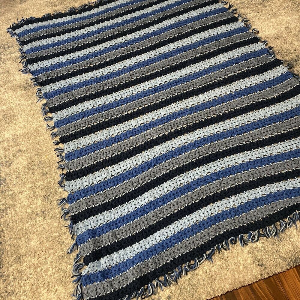 Vintage Handmade Crochet Striped Blue Afghan Throw Blanket With Tassels 72X58 - Picture 2 of 4